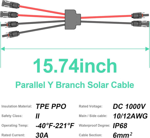Solar Connectors Cable for 2 Solar Panels, Parallel 10AWG Solar Panel Connectors Y Branch Adapter Tool-free (FMM/MFF)...