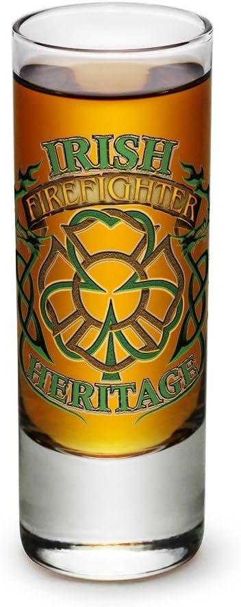 FireFighter Fire Deptment -Ireland Bravest Irish Heritage -Shot Glass Shooter Heavy Base Tall 2 Ounce - Set of 2 - Mini Small Glass - For Liquor -...