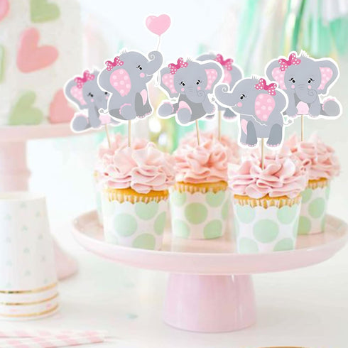 Finduat 48 Pieces Pink Elephant Cupcake Toppers for Girl Baby Shower Decorations Supplies, Baby Girl Birthday Party Supplies(Double Sided)...