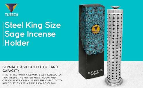 Tuzech Steel King Size Sage Long Tower Soapstone Incense Holder Home Agarbatti Stand with Ash Catcher Best for Diwali Pooja Celebration (Mutiple S...