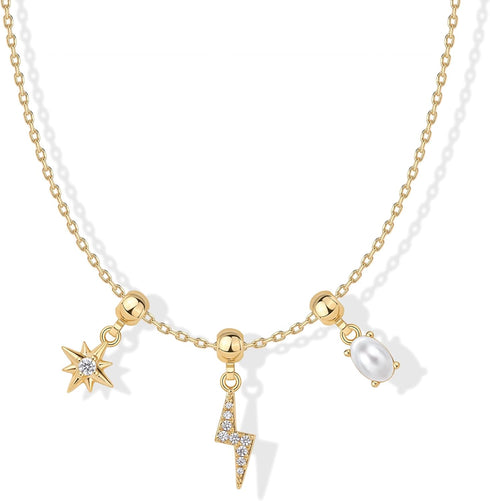 PAVOI 14K Gold Plated Whimsical Charm Necklace for Women | Cute Dainty Cubic Zirconia Lightning Bolt Star Heart Horseshoe Pearl Necklace Charms...