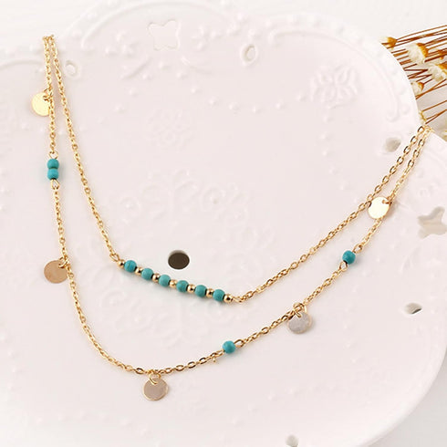 Layered Turquoise Pendant Necklace Gold Sequin Chain Necklace Blue Beads Choker Necklace Turquoise Disc Necklace Chain Jewelry for Women and Girls...