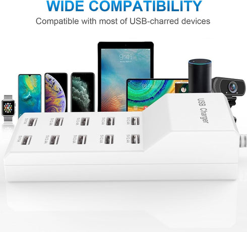 QIONMAR USB Wall Charger USB Charging Station for Multiple Devices USB Charger 10-Ports Power Hub Strip Smart Plug Charging Dock Charge Block Comp...