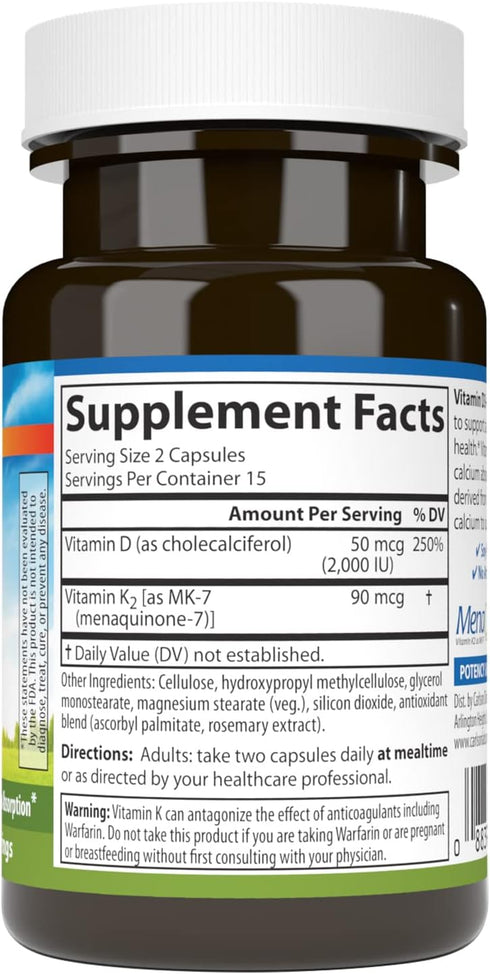 Carlson - Vitamin D3 + K2, 50 mcg (2000 IU) Vitamin D3 & 90 mcg Vitamin K2 as MK7, Bone Support, Calcium Absorption, 30 Capsules...