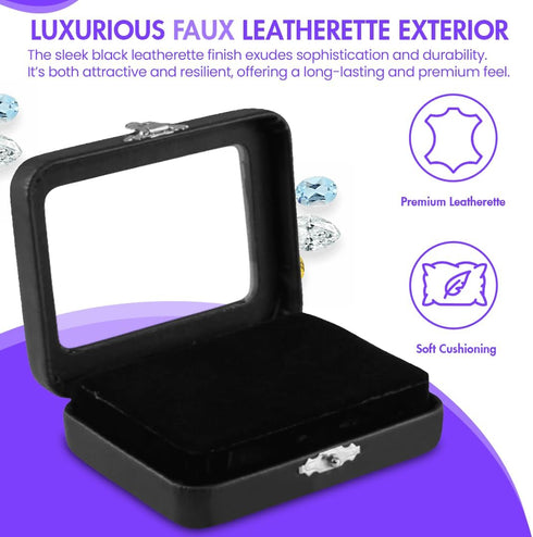 Novel Box Black Faux Leatherette Gem Display Loose Stone Box 3.5x2.75x1.12 with Reversible Black-White Pad - Jewelry Boxes with Clear Glass Top Cl...