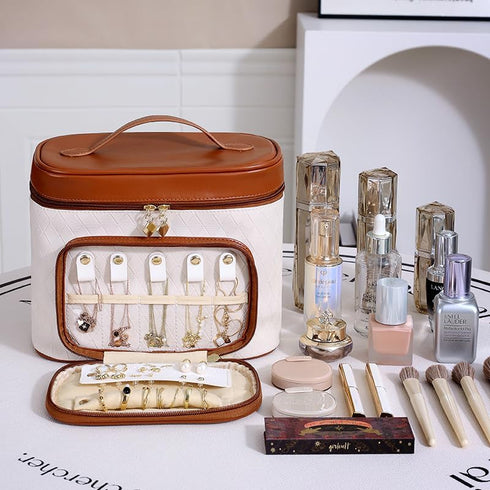 Makeup Bag and Jewelry Bag, 2 In 1 Travel Makeup Organizer with Jewelry Bag Waterproof Travel Cosmetic Bag Case for Makeup, Cosmetics Brushes, Nec...