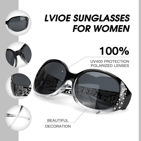 LVIOE Polarized Sunglasses for Women, Rhinestone Wrap Around Sunglasses with UV Protection Lens LS008...