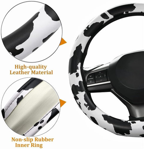 Leather Steering Wheel Cover, Universal 15 inch Breathable Anti-Slip Car Cow Steering Wheel Cover for Women Men, Black&White...