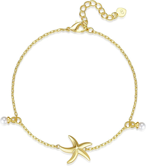 18K Gold Ankle Bracelet for Women: Starfish Ankle Chain with Pearl - Summer Beach Anklet...