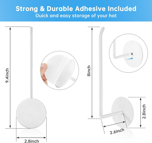 Hat Rack for Wall 2 Pack, Stainless Steel Adhesive Hat Hanger Hooks Holder for Baseball Caps, Multi-Purpose Strong Hook Organizer Can Hold More Th...