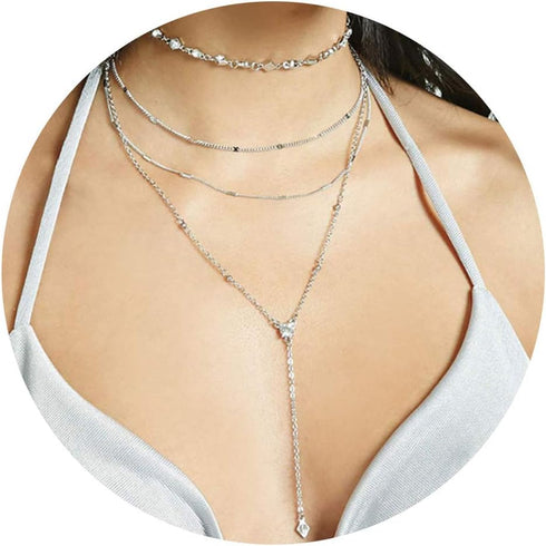 Layered Long Choker Necklace Silver Rhinestone Y Drop Necklaces Sparkly Crystal Lariat Necklace Chain for Women...
