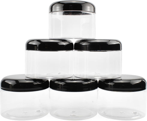 Cornucopia Brands 12 Ounce Clear Plastic Jars w/Black Plastic Lids (6-Pack); BPA Free PET Stackable Canisters for Bathroom & Kitchen Storage...