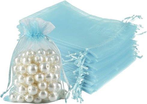 HRX Package 100pcs Organza Favor Bags 4 x 6 inch, Light Blue Mesh Bags Drawstring Sheer Jewelry Pouches for Small Gift Baby Shower Party Candy...