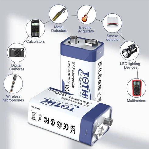 9V Rechargeable Batteries,9V Lithium Battery High Capacity 1300mAh(11700mAh),with 2 in 1 USB Charging Cable for Smoke Alarms, Multimeters, Microph...