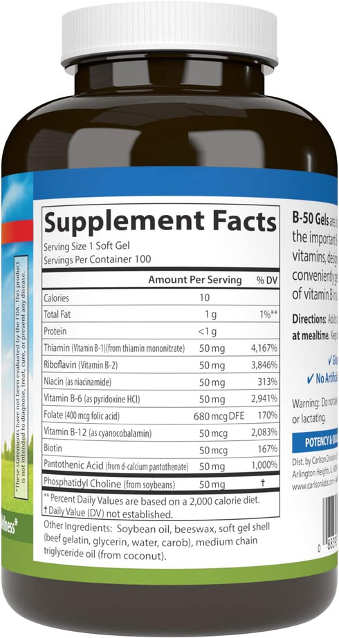 Carlson - B-50 Gels, Vitamin B Complex, Energy Production, Cellular Support & Optimal Wellness, 100 Softgels...