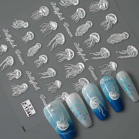 Summer Sea Nail Art Stickers 5D Self Adhesive White Jellyfish Nail Decals Spring Summer Nail Art Decorations Supplies Ocean Theme Nails Art Suppli...