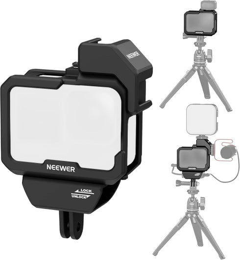 NEEWER Video Rig Cage Compatible with GoPro Hero 12 11 10 9 Light Mod Max Lens Mod, Durable Plastic with 3.5mm Media Audio Mic Adapter Mount, Cold...