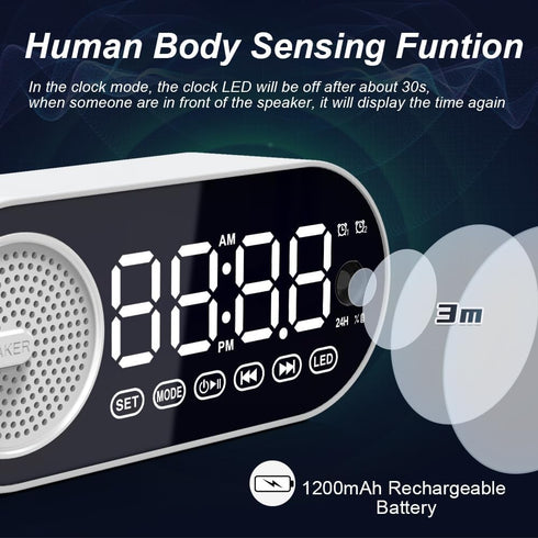 Digital Alarm Clock Bluetooth Speaker, Dual Alarm Clock for Bedroom Wireless Speaker BT 5.0 with Rechargeable 1200mAh Battery, Support FM, TF Card...