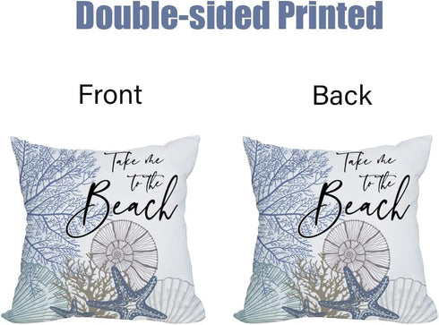 2 Pack Waterproof Take Me to The Beach Summer Pillow Covers 18x18 Inch Blue Ocean Sea Shell Coral Conch Starfish Throw Pillow Covers Outdoor Coast...