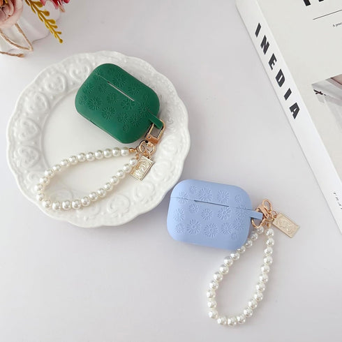 Flower Engraved Case for Airpods Pro 2nd/1st Generation Case with Cleaner Kit, Silicone Airpod Pro Protective Cover with Luxury Pearl Keychain for...