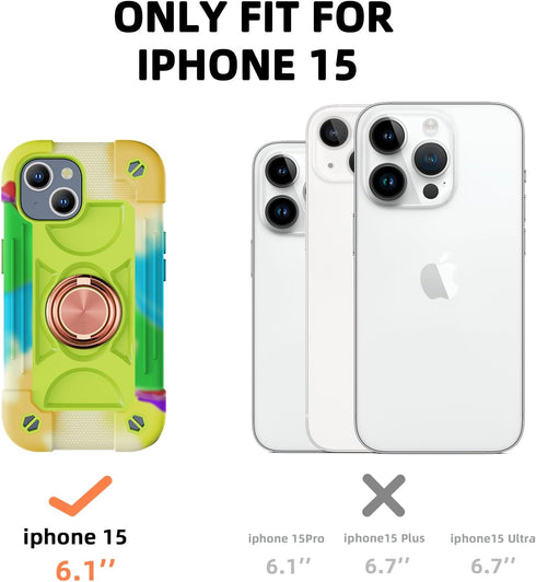Compatible with iPhone 15 Case 6.1" - Heavy-Duty Shockproof Military-Grade Rugged Cover with Ring Stand, Glass Screen Protector & Camera Lens Prot...