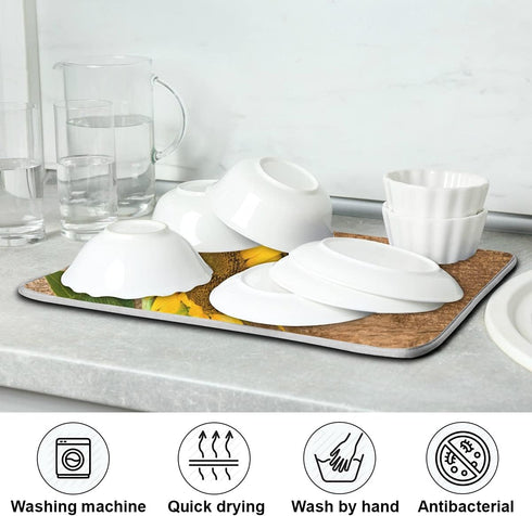 Absorbent Dish Drying Mat for Kitchen Counter - Yellow Sunflower Country Style Microfiber Drying Pad, Reversible Drainer Mats for Countertop, Medi...