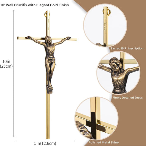 ACHIBANG Gold Crucifix Wall Cross - 10" Catholic Metal Cross with Jesus & INRI, Faith Decor for Wall or Door Display...
