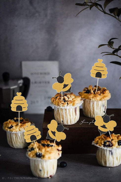 50 Pack Bee Cupcake Toppers Glitter Bumble Bee Cupcake Toppers for Bumble Bee Birthday Party Decor...