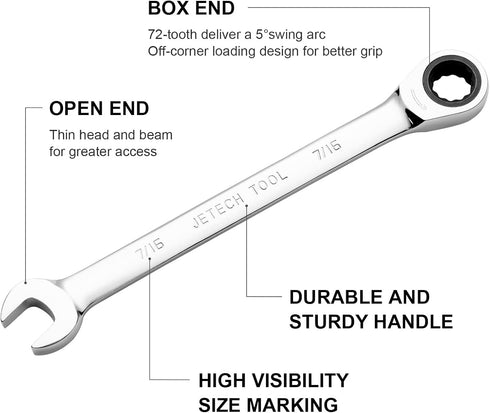 Jetech Ratcheting Combination Wrench, Industrial Grade Gear Spanner with 12-Point Design, 72-Tooth Ratchet, Made with Forged and Heat-Treated Cr-V...