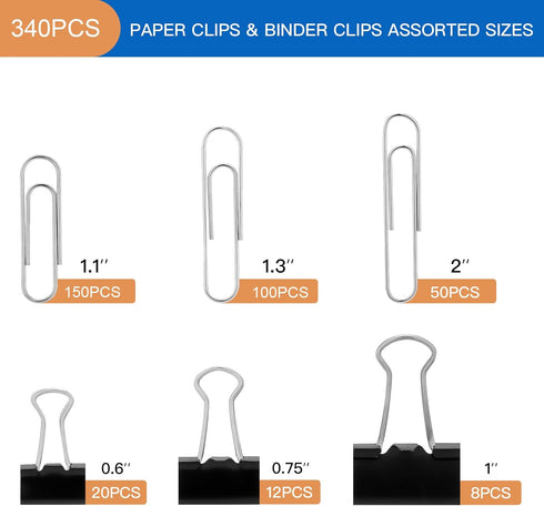 Paper Clips Binder Clips,340 PCS Paper Clips Assorted Sizes,Binder Clips Assorted Sizes,Silver Paper Clip,Black Binder Clip...