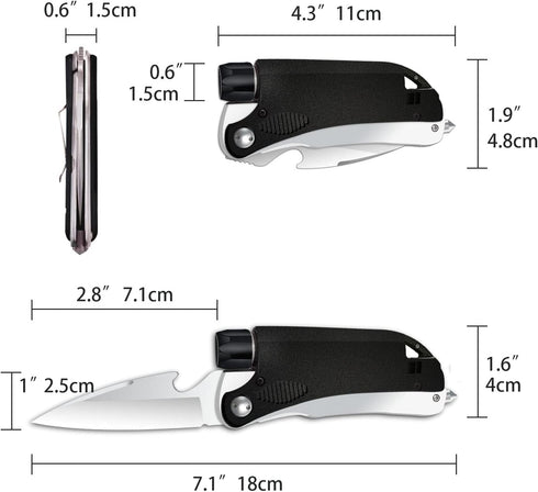 Led Mini Flashlight 6-in-1 Utility Folding Pocket Knife with Bottle Opener Glass Breaker Buckle Whistling Multi-Function Emergency Tool for Hiking...
