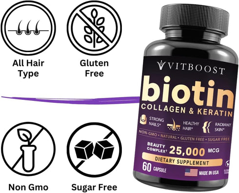 Biotin with Hyaluronic Acid, Collagen and Keratin – 25000 mcg Hair Growth Vitamins for Men and Women – Nails and Skin, USA Made, B1, B2, B3, B6, B...