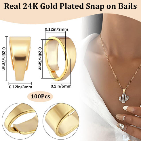 Beebeecraft 1 Box 100Pcs Real 24K Gold Plated Pinch Bail Connector Snap on Bails Dangle Pinch Clip Bail Clasp Pendant Pinch Bails Connector for Je...