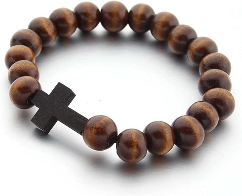 Wooden Cross Wood Beaded Bracelet for Women Men Religious Christian Jewelry Pray Baptism...
