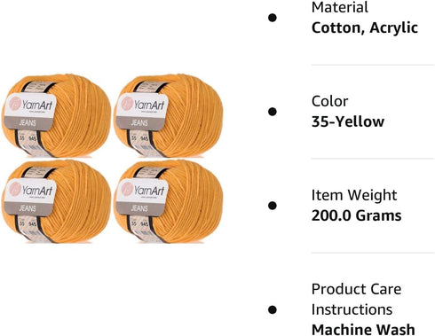 4 Skeins YarnArt Jeans 55% Cotton 45% Acrylic Yarn Blend Thread Crochet Hand Knitting Art Lot of 4skn 200 gr 696 yds (35-Yellow)...