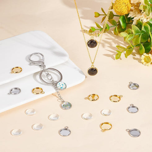 UNICRAFTALE 40 Sets 2 Colors 12mm Flat Round Tray Pendants Making Kits 304 Stainless Steel Pendant Cabochon Settings and Clear Glass Cabochon for ...