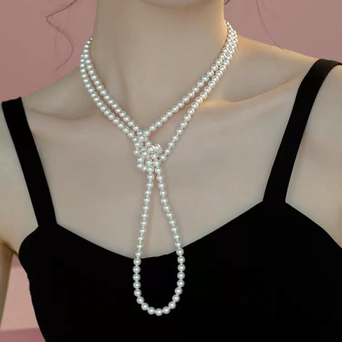 Elegant Women Lady Long White Sweater Created Pearl Necklace Beaded necklace...