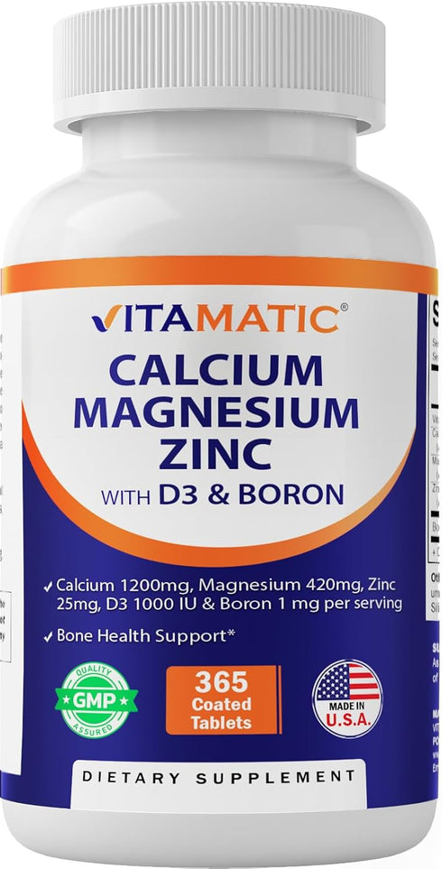 Vitamatic Calcium Magnesium Zinc D3 Boron | 365 Coated Tablets Supplement | Calcium 1200 mg, Magnesium 420mg, Zinc 25mg, Vitamin D3 1000 IU, Boron...