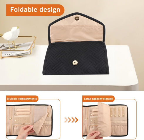 Jewelry Travel Organizer Roll with Multiple Compartments and Pockets Foldable Jewelry Storage Roll for Earrings, Necklaces, Rings, Bracelets, Broo...