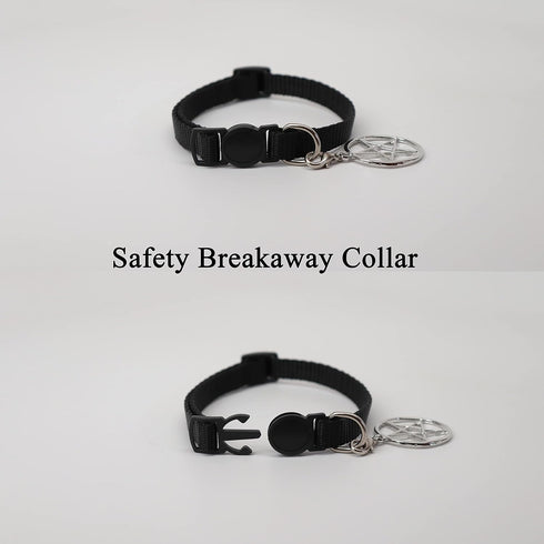 Black Cat Collar with Wiccan Pagan Pentacle Silver Finish On Safety Breakaway Collar Adjustable Neck Size 8 to 12 Inches...