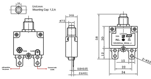 ZOOKOTO 30A DC50V AC125-250V Push Button Reset Circuit Breakers with Quick Connect Terminals and Waterproof Button Black Cap...