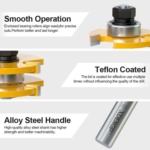 Professional 2 PCS Tongue and Groove Router Bit Set 1/2 Inch Shank, 3 Teeth T Shape Wood Milling Cutter Woodworking Tools, Matched Oak Hardwood Fl...
