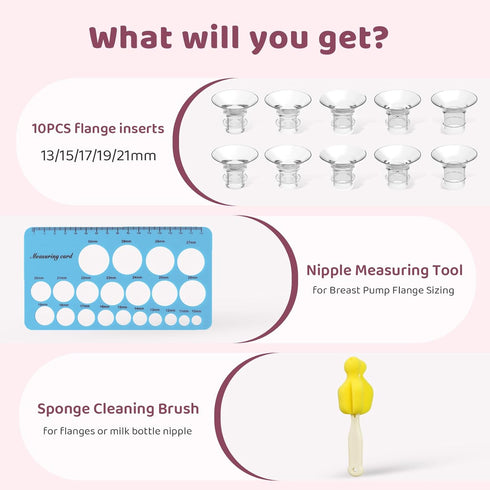 Flange Sizing Kit with 10PCS Flange Inserts 13/15/17/19/21mm, Nipple Measurement Tool Ruler, Cleaning Brush, Silicone Flange Insert Kit for 24mm M...