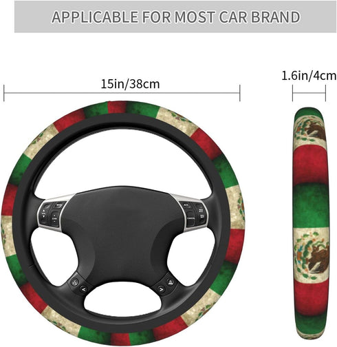 Retro Mexico Flag Steering Wheel Covers,Soft Steering Wheel Protector For Women & Men,Universal 15 Inch Auto Car, One Size...
