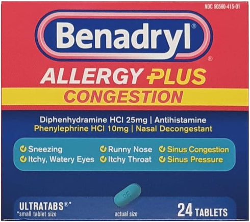 Benadryl Allergy + Congestion, 24 Tablets Each (Pack of 3)...