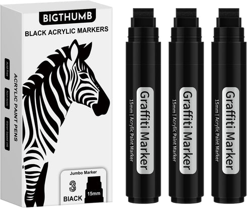 3 Pcs Black Jumbo Permanent Markers: 15mm Wide Tip Thick Acrylic Paint Pen Large Graffiti Calligraphy Marker for Rock Painting, Poster, Sign, Canv...
