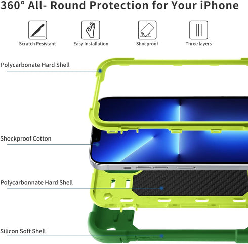 for iPhone 14 Case/iPhone 13 Case Inch with Ring Stand, with 2 Pack Glass Screen Protector + 1 Pack Camera Lens Protector,Heavy-Duty Shockproof Mi...