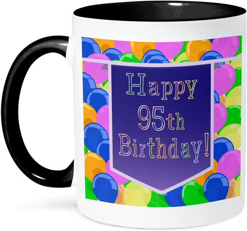 3dRose Balloons with Purple Banner Happy 95Th Birthday Two Tone Mug, 11 oz, Black...