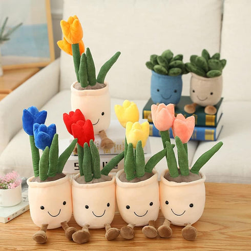 WUZHOU Tulip Plush Toy, 13.7" Flower Pot Stuffed Plushie Pillow Decoration, Soft Fluffy Toy Succulent Plants Friend Throw Pillow, Multicolor (Blue...