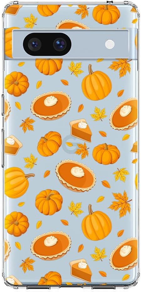 Blingy's for Google Pixel 7a Case, Fun Fall Pumpkin Style with Autumn Leaves Pattern Cute Dessert Design Transparent Soft TPU Protective Clear Cas...